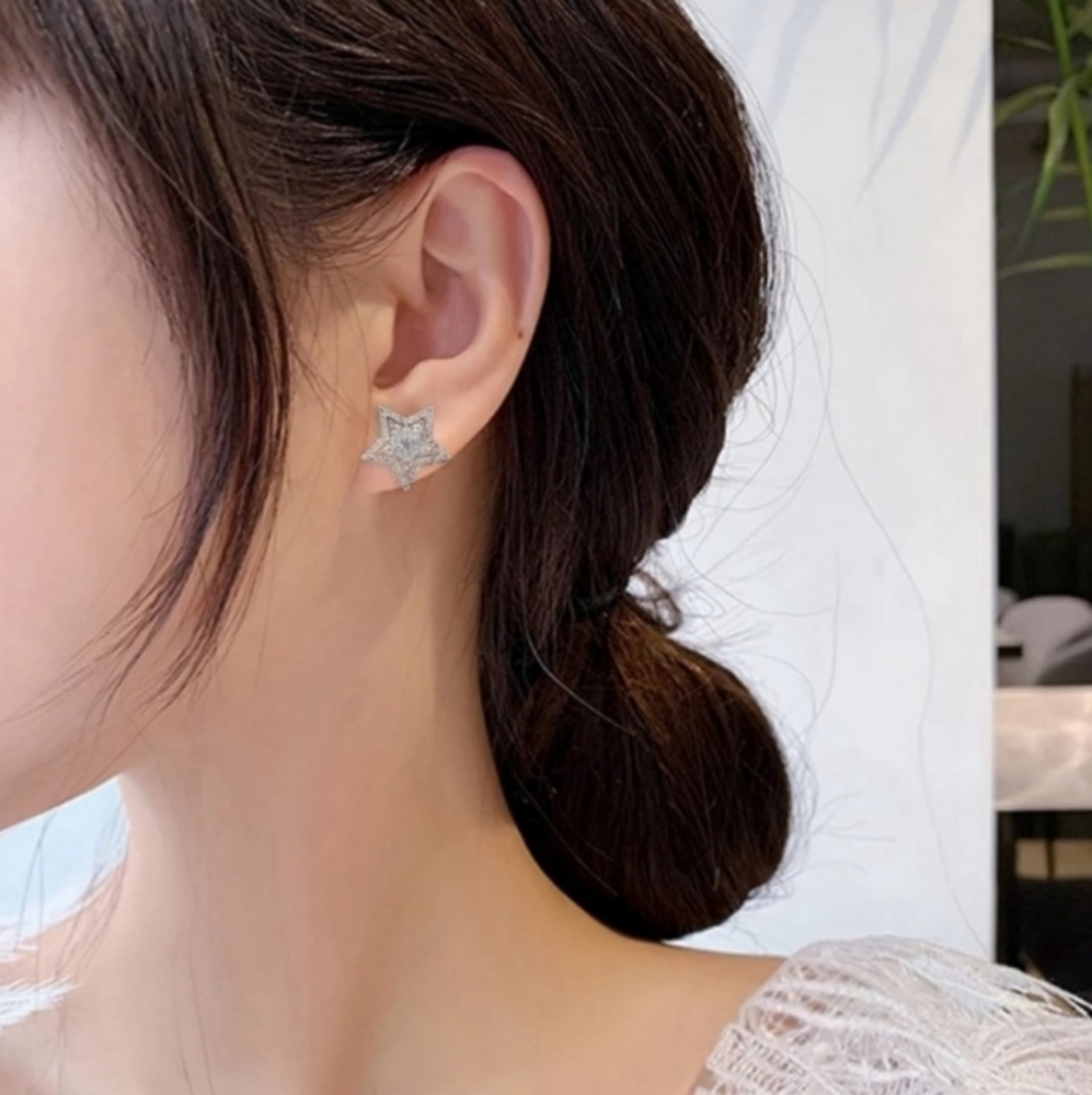 Diamond Star Burst Silver Stud Earrings - Picture 3 of 12